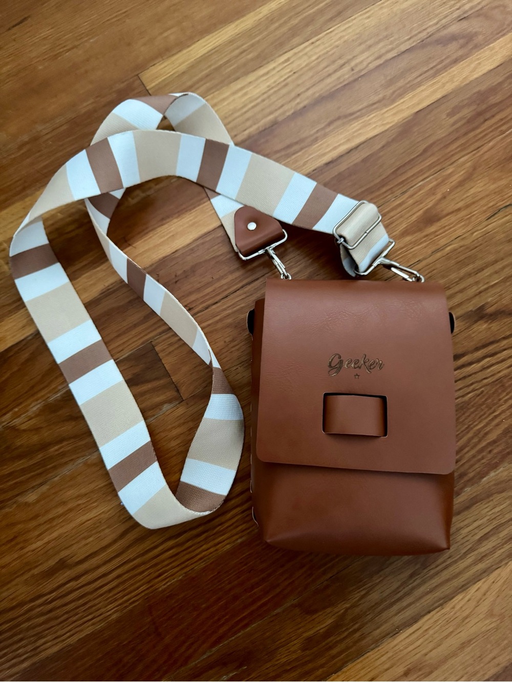 Geeker Brown Vegan Leather Crossbody Bag with Neutral Striped Strap